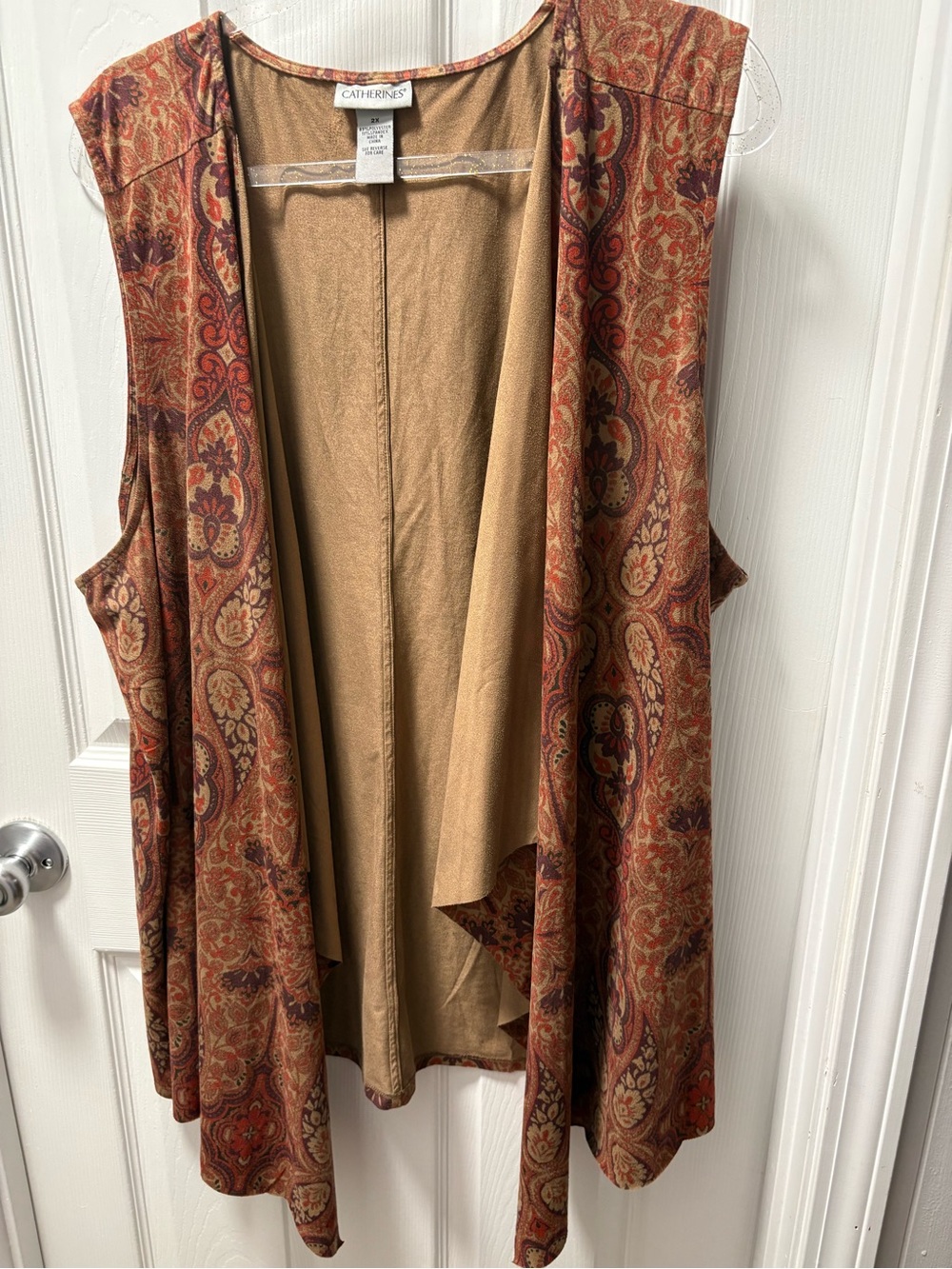 Catherines Paisley-Trim Sleeveless Vest in Brown and Rust